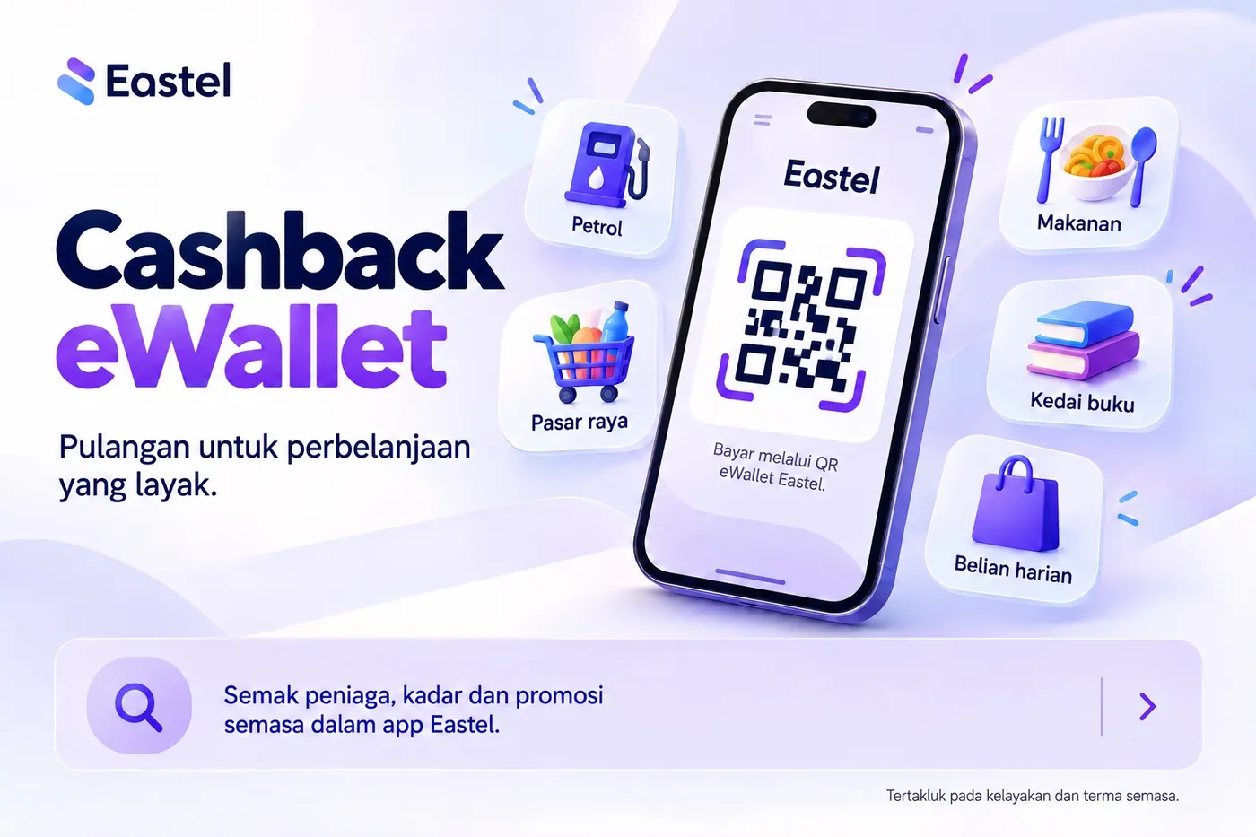 Poster Cashback eWallet. Pulangan untuk perbelanjaan yang layak di petrol, pasar raya, makanan, kedai buku dan belian harian, bayar melalui QR eWallet Eastel.