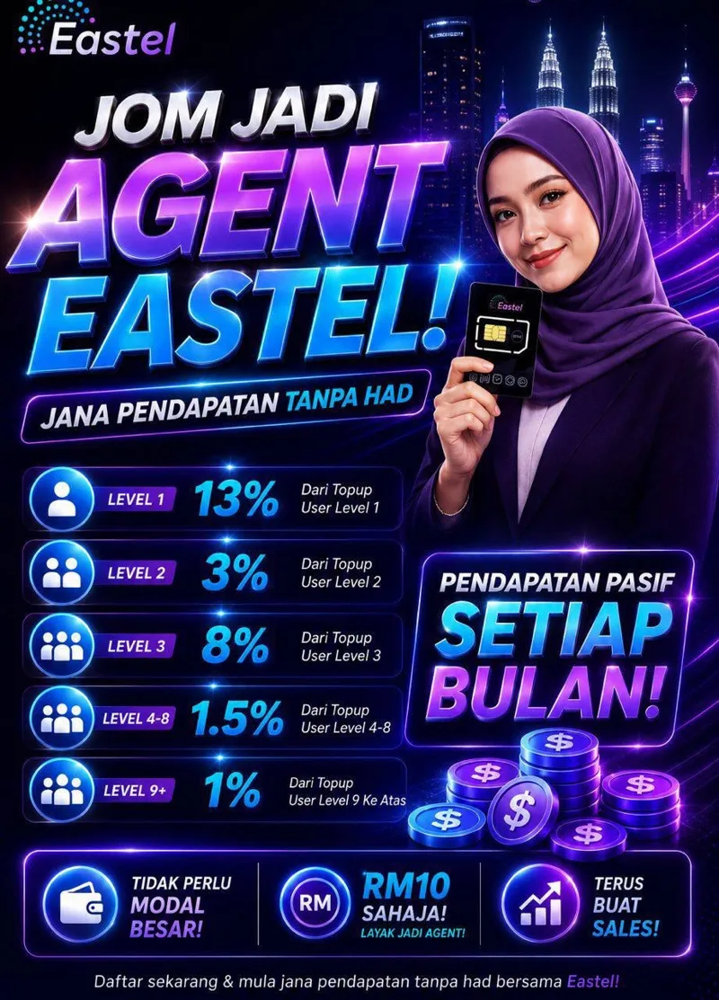 Poster: Jom jadi agent Eastel. Komisen Level 1 13%, Level 2 3%, Level 3 8%, Level 4-8 1.5%, Level 9 ke atas 1% dari topup. RM10 sahaja layak jadi agent.