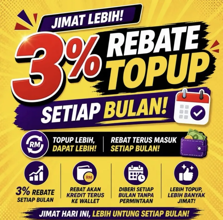 Poster: Jimat lebih, 3% rebate topup setiap bulan, rebat dikreditkan terus ke wallet