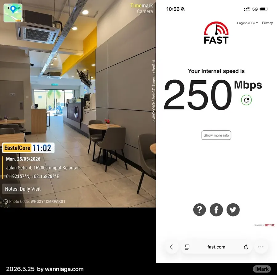Ujian kelajuan fast.com 250 Mbps (5G) di Jalan Setia 4, Tumpat, Kelantan, 25 Mei 2026.