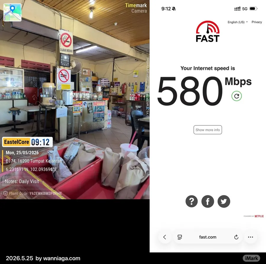 Ujian kelajuan fast.com 580 Mbps (5G) di D174, Tumpat, Kelantan, 25 Mei 2026.