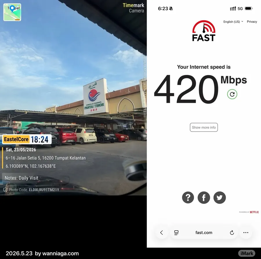 Ujian kelajuan fast.com 420 Mbps (5G) di Jalan Setia 5, Tumpat, Kelantan, 23 Mei 2026.