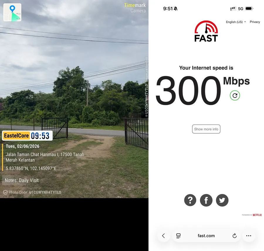 Ujian kelajuan fast.com 300 Mbps (5G) di Taman Chat Harimau, Tanah Merah, Kelantan, 2 Jun 2026.